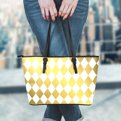 White And Gold Harlequin Pattern Print Leather Tote Bag