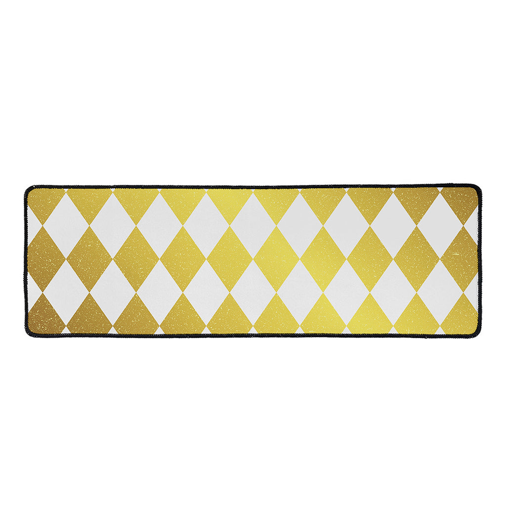White And Gold Harlequin Pattern Print Long Kitchen Mat