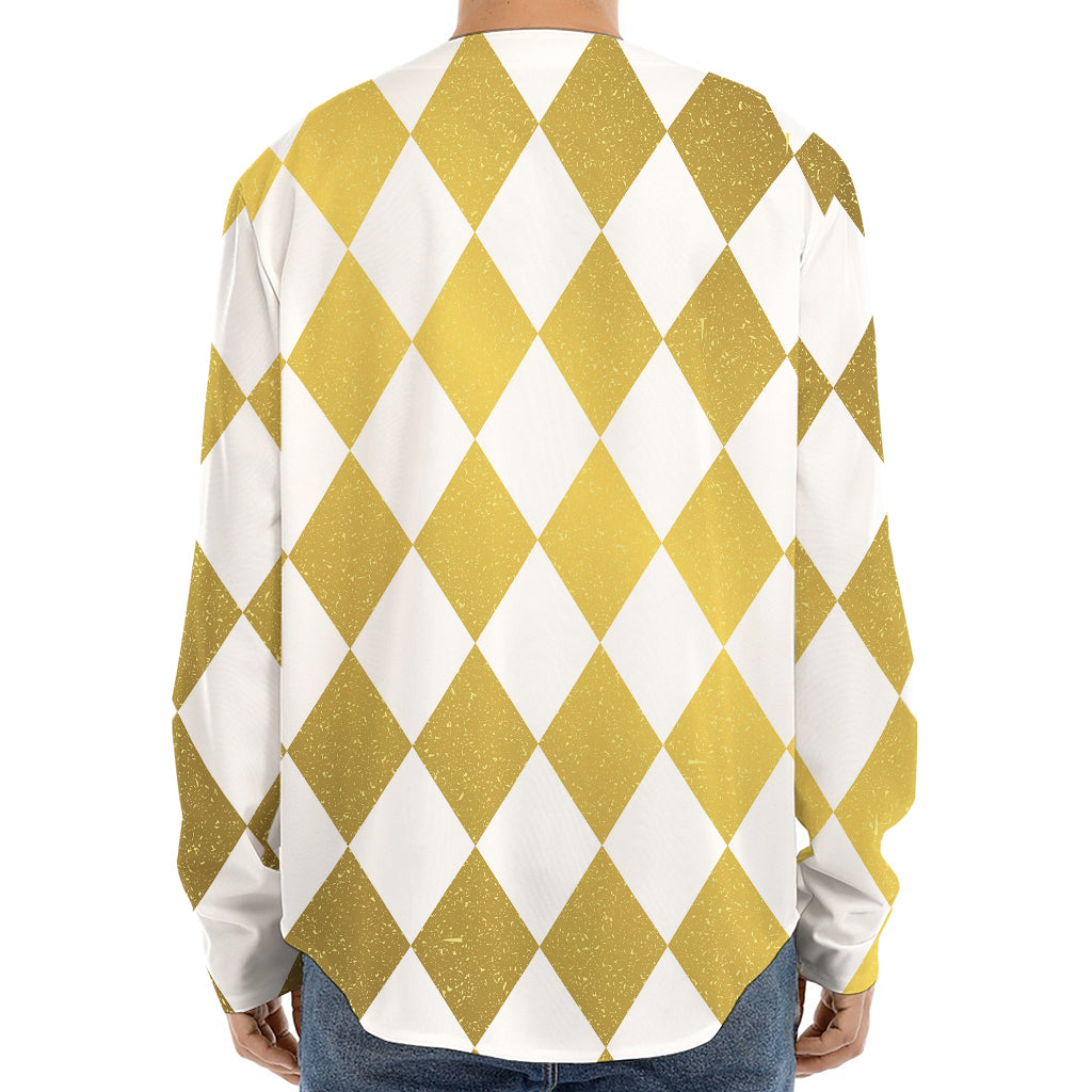 White And Gold Harlequin Pattern Print Long Sleeve Baseball Jersey