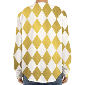 White And Gold Harlequin Pattern Print Long Sleeve Baseball Jersey