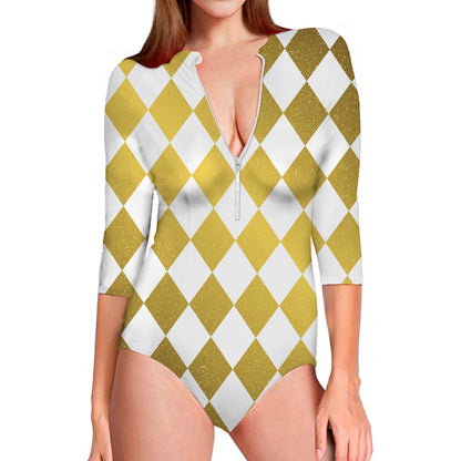 White And Gold Harlequin Pattern Print Long Sleeve Swimsuit