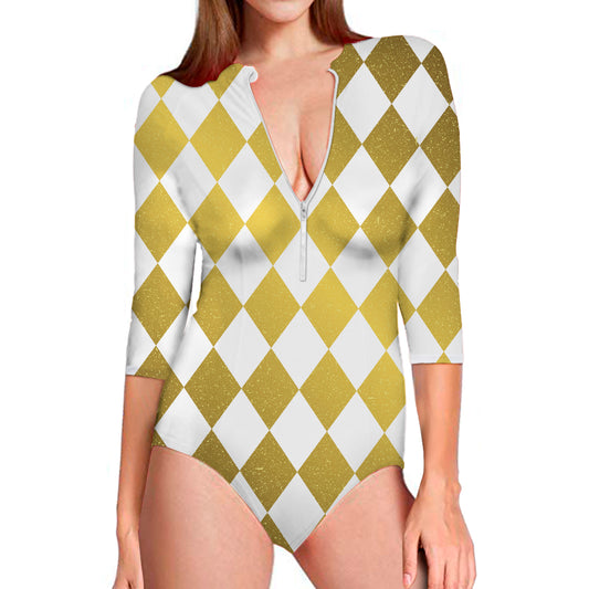 White And Gold Harlequin Pattern Print Long Sleeve Swimsuit