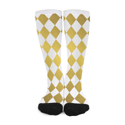 White And Gold Harlequin Pattern Print Long Socks