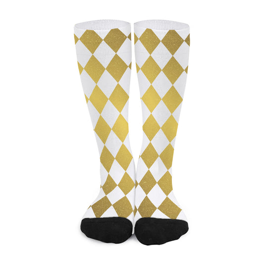 White And Gold Harlequin Pattern Print Long Socks