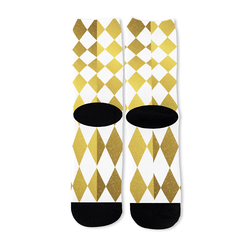 White And Gold Harlequin Pattern Print Long Socks
