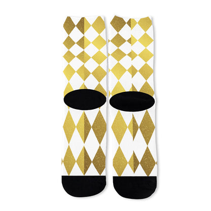 White And Gold Harlequin Pattern Print Long Socks