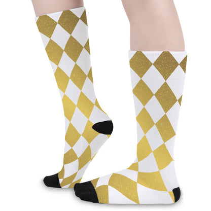 White And Gold Harlequin Pattern Print Long Socks