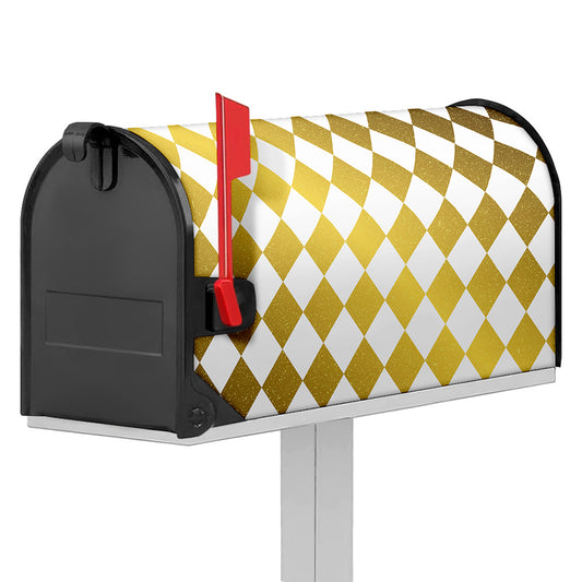 White And Gold Harlequin Pattern Print Mailbox Cover