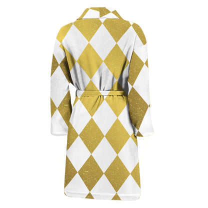 White And Gold Harlequin Pattern Print Men's Bathrobe