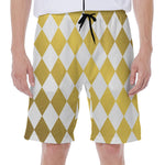 White And Gold Harlequin Pattern Print Men's Beach Shorts