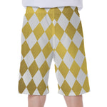 White And Gold Harlequin Pattern Print Men's Beach Shorts
