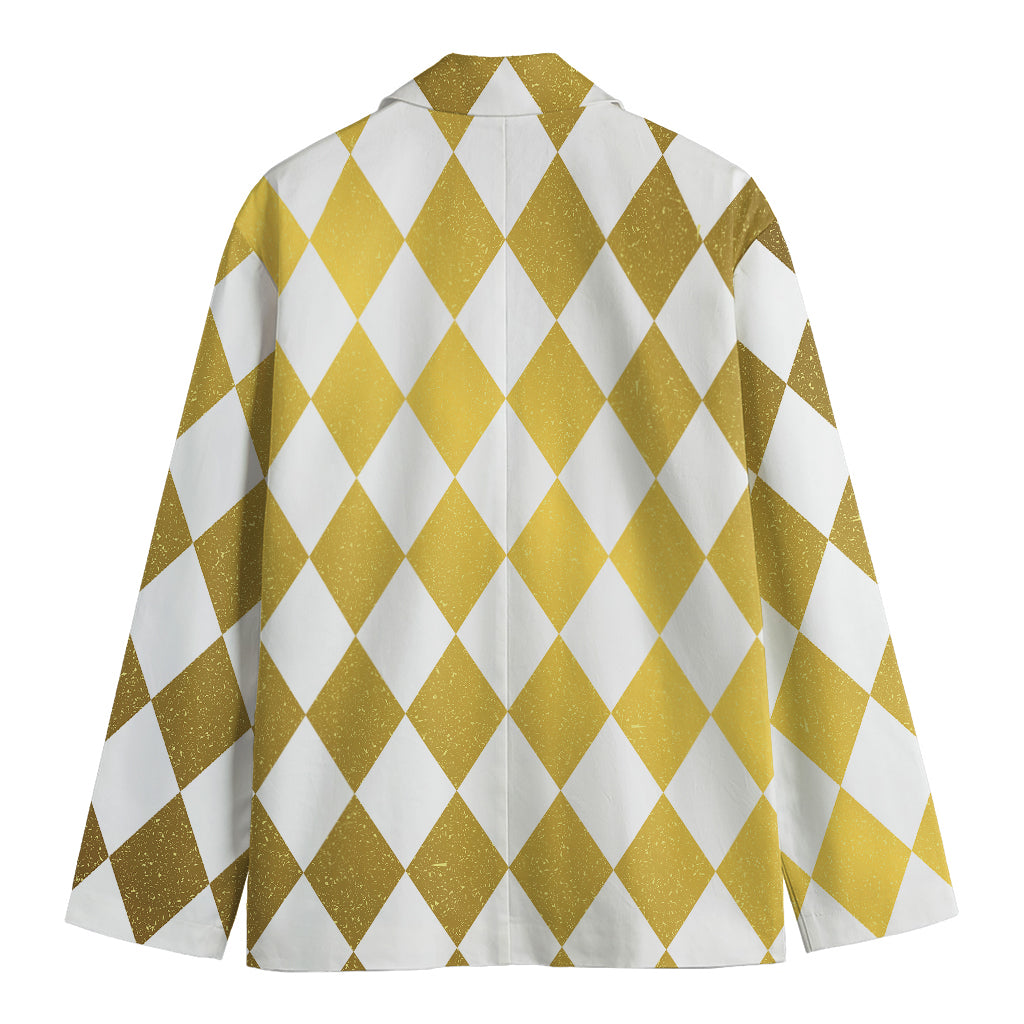 White And Gold Harlequin Pattern Print Men's Blazer