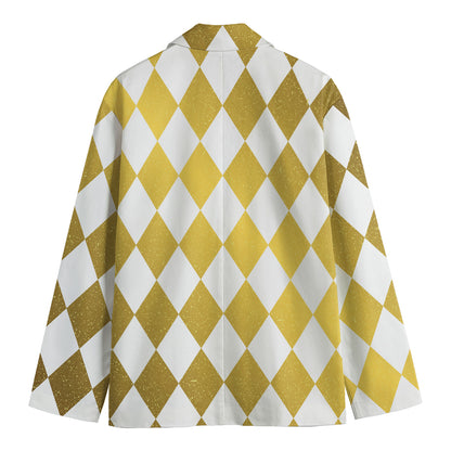 White And Gold Harlequin Pattern Print Men's Blazer