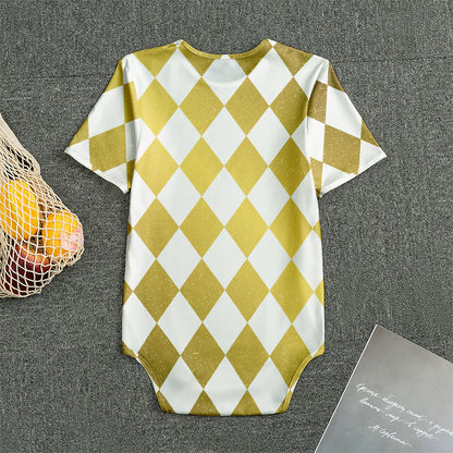 White And Gold Harlequin Pattern Print Men's Bodysuit