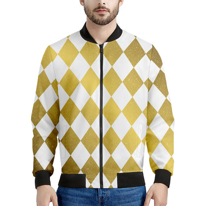 White And Gold Harlequin Pattern Print Men's Bomber Jacket