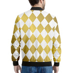 White And Gold Harlequin Pattern Print Men's Bomber Jacket