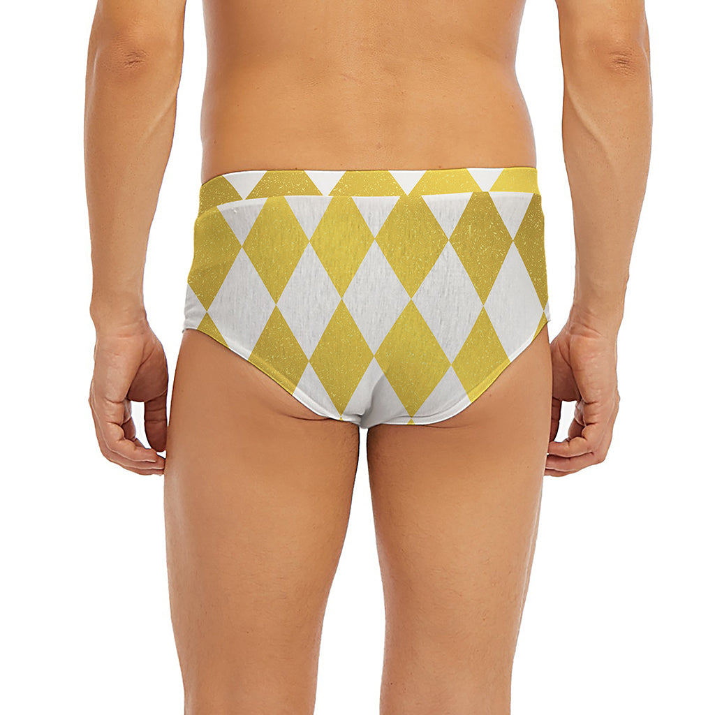 White And Gold Harlequin Pattern Print Men's Briefs