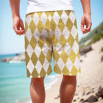 White And Gold Harlequin Pattern Print Men's Cargo Shorts