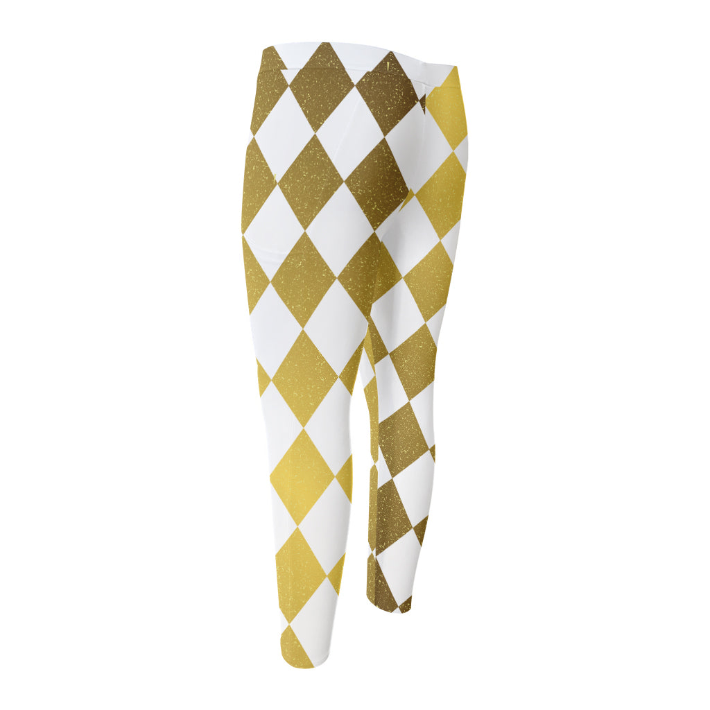 White And Gold Harlequin Pattern Print Men's Compression Pants