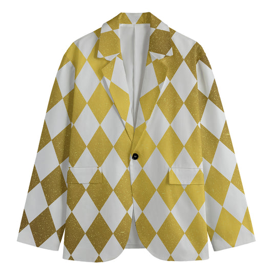 White And Gold Harlequin Pattern Print Men's Cotton Blazer
