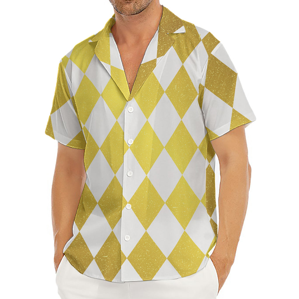 White And Gold Harlequin Pattern Print Men's Deep V-Neck Shirt