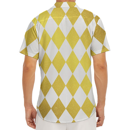 White And Gold Harlequin Pattern Print Men's Deep V-Neck Shirt
