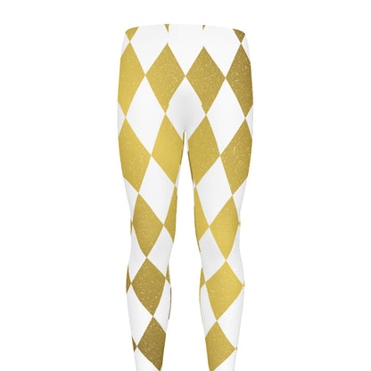 White And Gold Harlequin Pattern Print Men's leggings