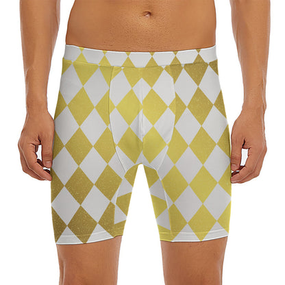 White And Gold Harlequin Pattern Print Men's Long Boxer Briefs