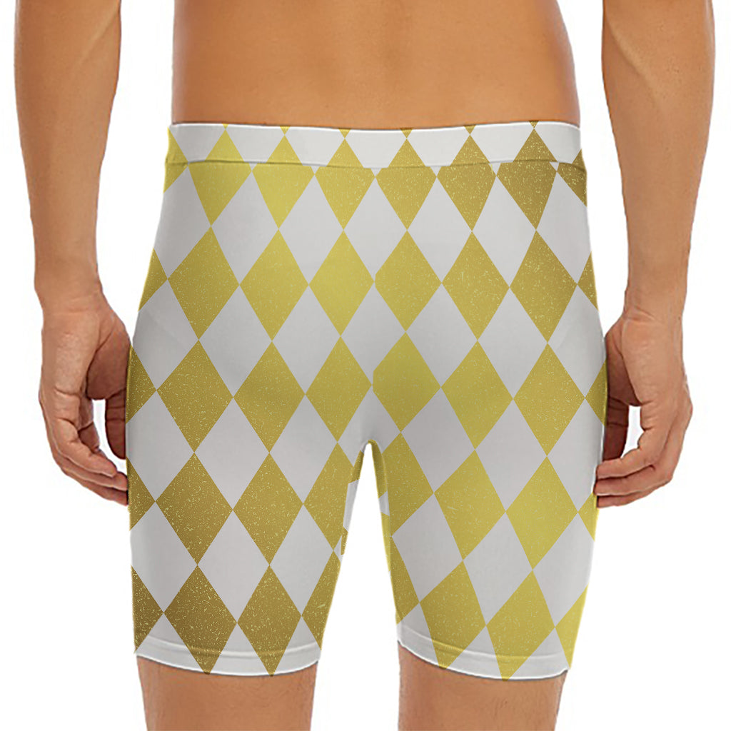 White And Gold Harlequin Pattern Print Men's Long Boxer Briefs