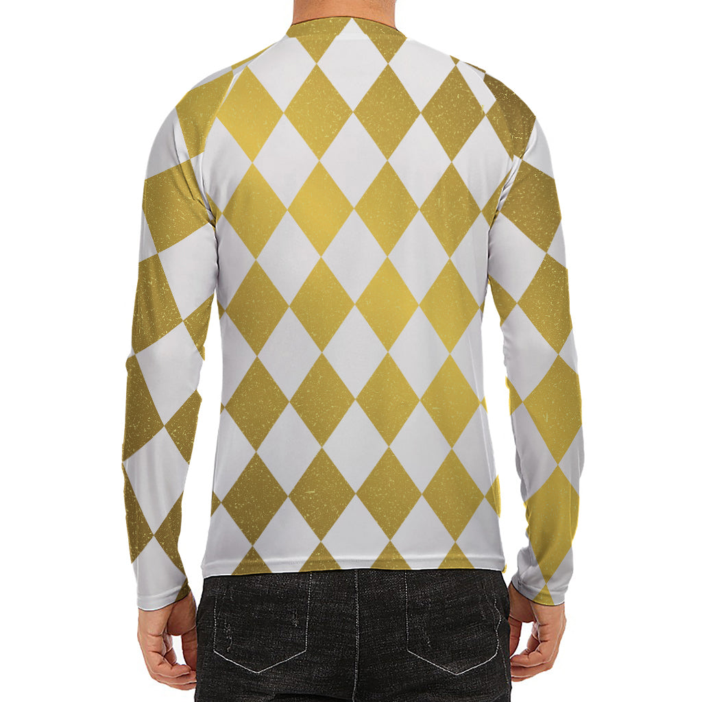 White And Gold Harlequin Pattern Print Men's Long Sleeve Rash Guard