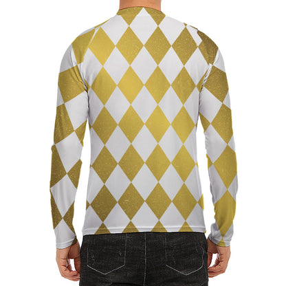 White And Gold Harlequin Pattern Print Men's Long Sleeve Rash Guard