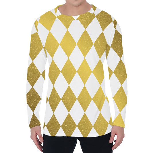 White And Gold Harlequin Pattern Print Men's Long Sleeve T-Shirt