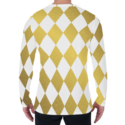 White And Gold Harlequin Pattern Print Men's Long Sleeve T-Shirt