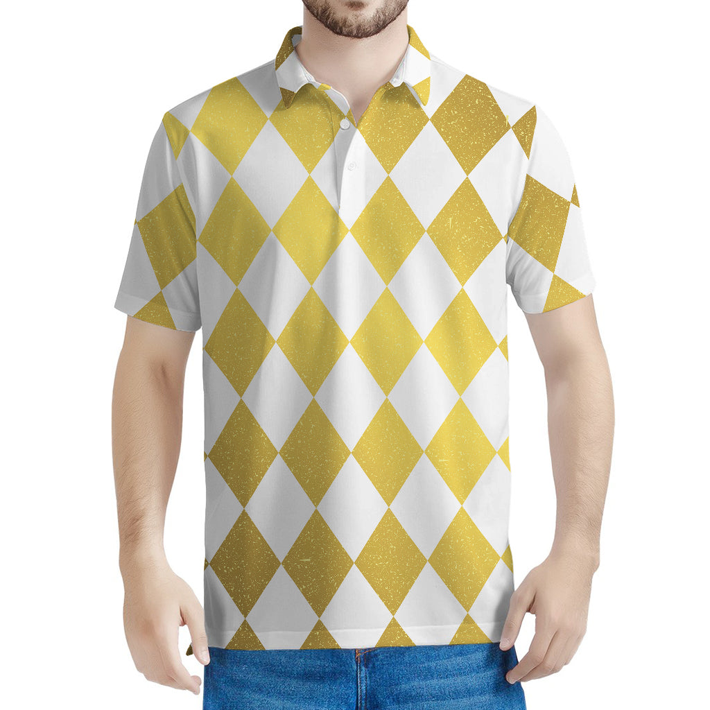 White And Gold Harlequin Pattern Print Men's Polo Shirt