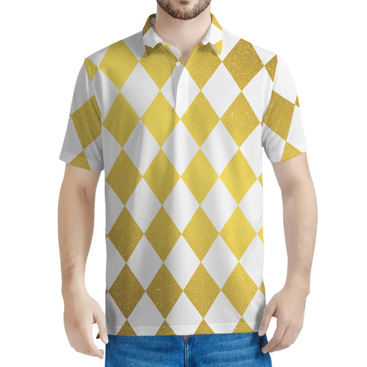 White And Gold Harlequin Pattern Print Men's Polo Shirt