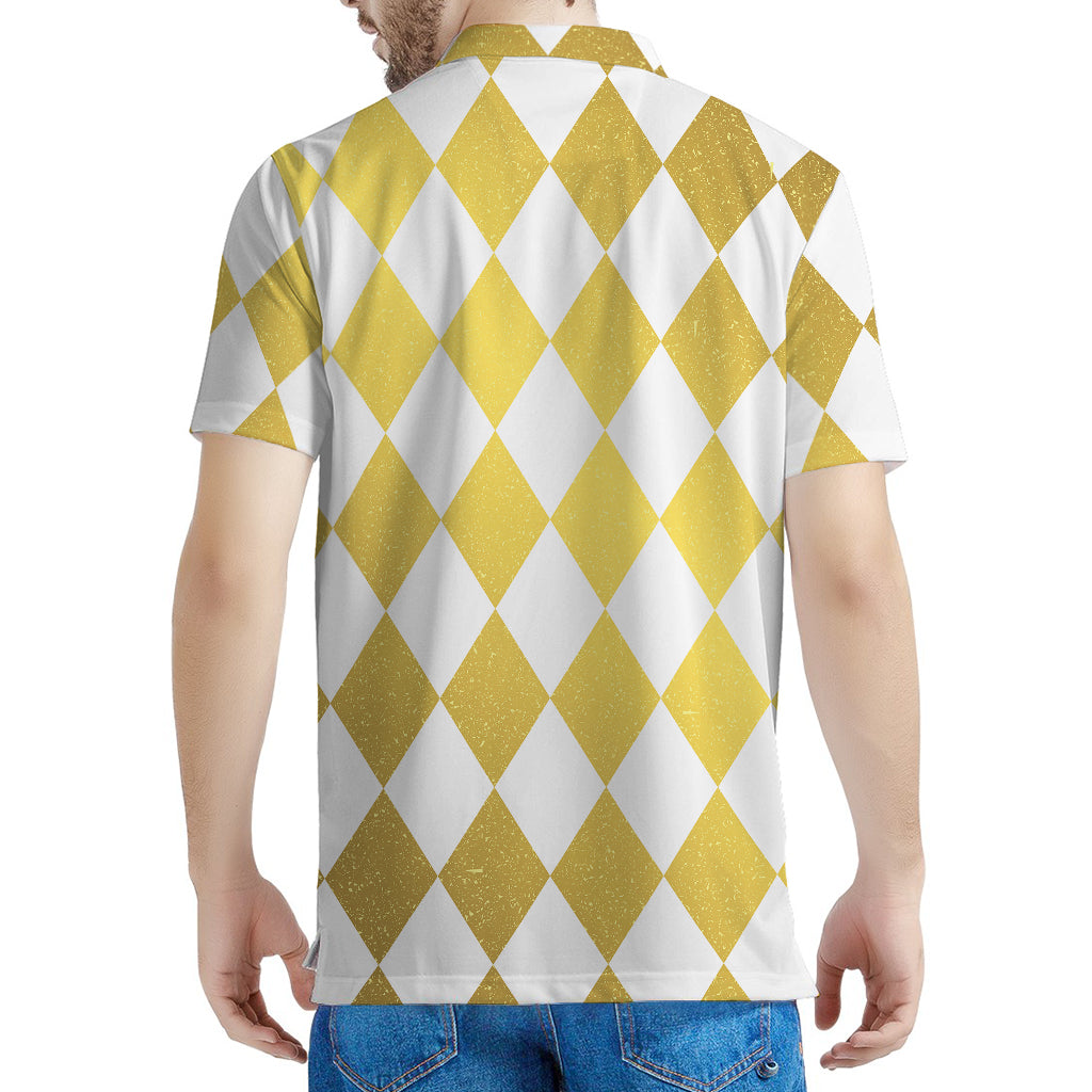 White And Gold Harlequin Pattern Print Men's Polo Shirt
