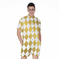 White And Gold Harlequin Pattern Print Men's Romper