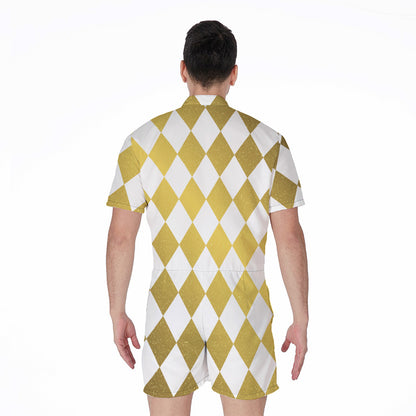 White And Gold Harlequin Pattern Print Men's Rompers