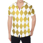 White And Gold Harlequin Pattern Print Men's Shirt