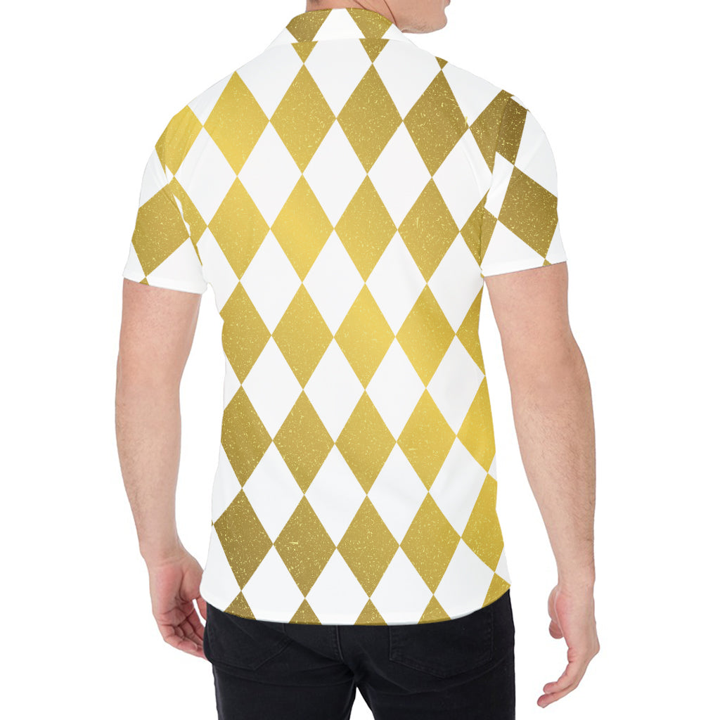 White And Gold Harlequin Pattern Print Men's Shirt