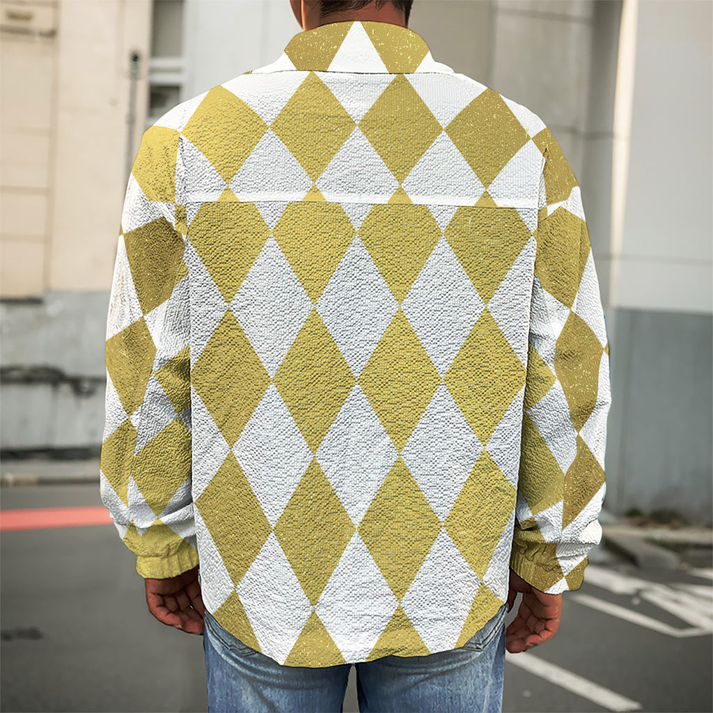 White And Gold Harlequin Pattern Print Men's Shirt Jacket
