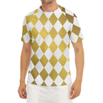 White And Gold Harlequin Pattern Print Men's Short Sleeve Rash Guard