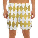 White And Gold Harlequin Pattern Print Men's Split Running Shorts