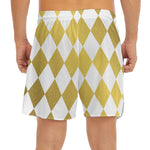 White And Gold Harlequin Pattern Print Men's Split Running Shorts