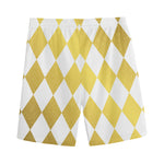 White And Gold Harlequin Pattern Print Men's Sports Shorts