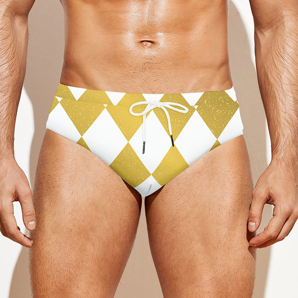 White And Gold Harlequin Pattern Print Men's Swim Briefs