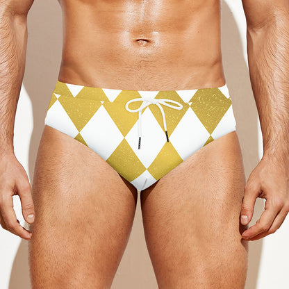 White And Gold Harlequin Pattern Print Men's Swim Briefs