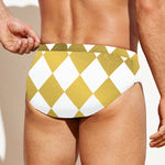 White And Gold Harlequin Pattern Print Men's Swim Briefs