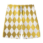 White And Gold Harlequin Pattern Print Men's Swim Trunks
