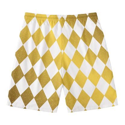 White And Gold Harlequin Pattern Print Men's Swim Trunks